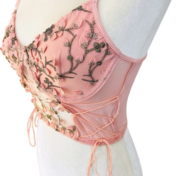 Coquette Fairy Floral Corset Top Womens Small Pink Embroidery Lace Up Festival - Picture 3 of 6